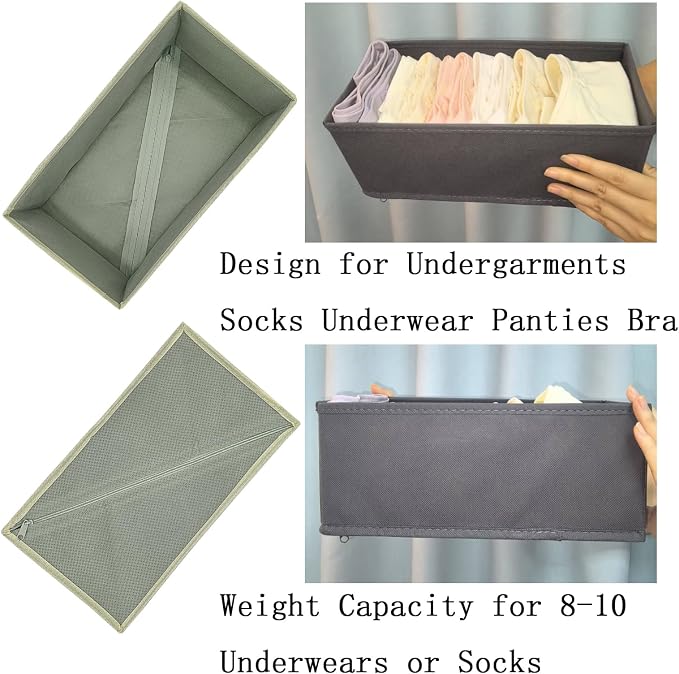 Bructhun Sock Drawer Organizer 3 Pack - Foldable Fabric Storage Bins for Underwear Divider, Small Closet Organizers with 3 Compartments, Light Gray - Image 5
