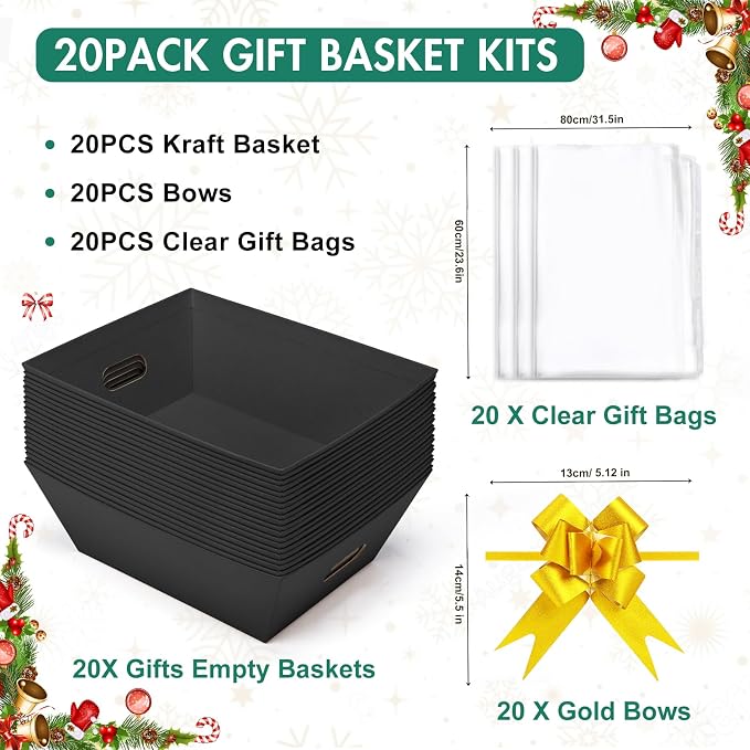 AFOROEOA 20PACK Baskets for Gifts Empty, 10x12”Thick Black Gift Basket with 20 Bows 20 Bags Empty Gift Baskets for Christmas, Valentine’s Day, Easter, Birthdays, Snacks, Farmers Market - Image 4