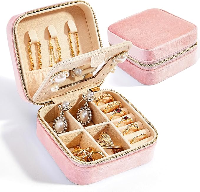 Smileshe Travel Velvet Jewelry Box with Mirror, Mini Gifts Case for Women Girls, Small Portable Organizer Boxes for Rings Earrings Necklaces Bracelets - Image 4