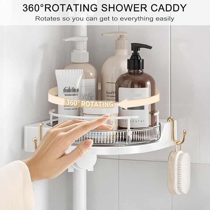 shuang qing 360° Rotating Corner Shower Caddy Tension Pole Organizer - 4-Tier Adjustable Rustproof Metal Pole, Plastic Shelves with Safety Guardrail, Bathroom Storage for Shower & Bathtub(White) - Image 3