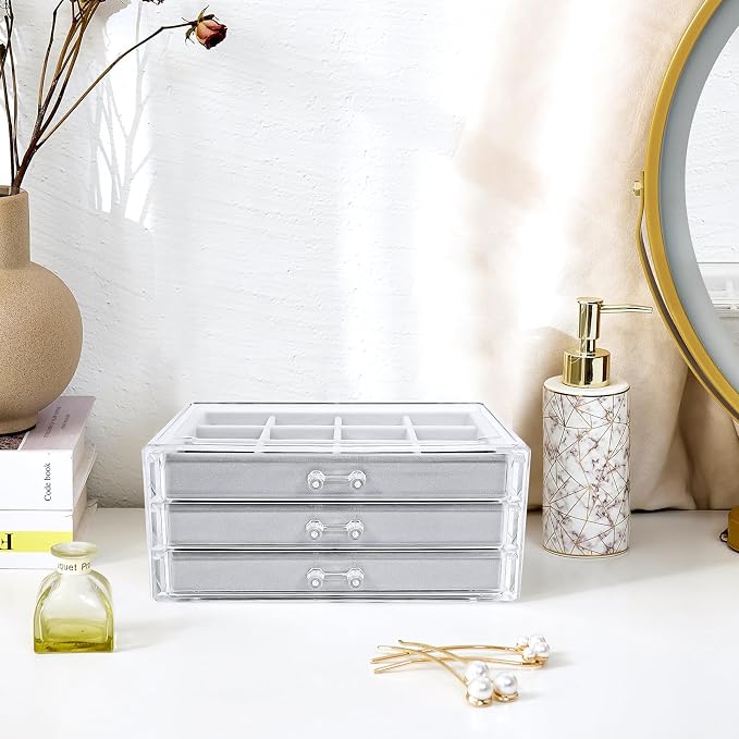 ProCase Earring Holder Organizer Jewelry Box with 3 Drawers, Acrylic Clear Earring Case with Adjustable Velvet Trays for Women - Grey, 3 Layers - Image 6