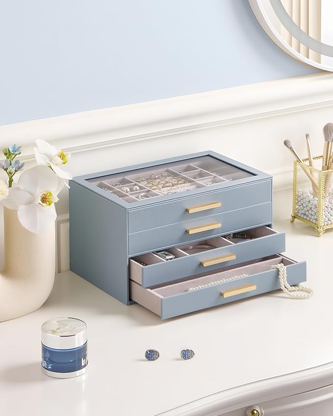 Lolalet Jewelry Box Organizer, 4-Layer Jewelry Organizers and Storage Case with Glass Lid, Ring Earring Bracelet Necklace Holder Organizer, Birthday Valentine Gifts for Women Girls -4Layer, HazeBlue - Image 2