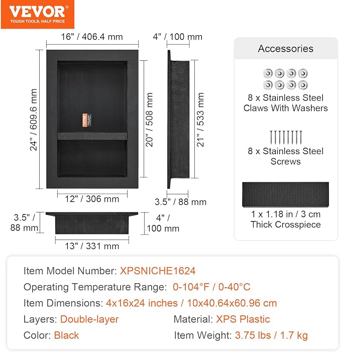 VEVOR Shower Niche Ready for Tile 16" x 24", Double Shelf Organizer, Square Corners Wall-inserted Niche Recessed, Sealed Protection Modern Soap Storage Niche for Shower Bathroom, Black - Image 8