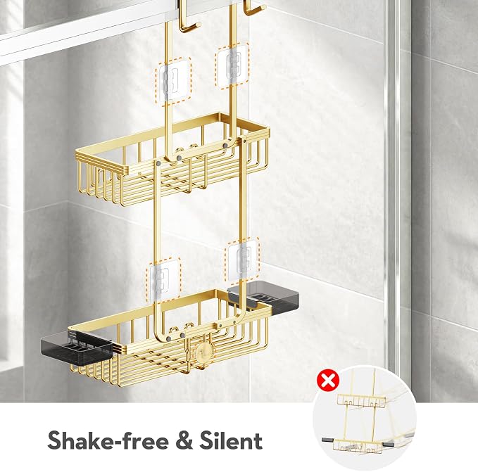 Over the Door Shower Caddy Hanging With Double Soap Holder Never Rust Aluminum Shower Shelf With 4 Hooks Hanging Bathroom Organizer No Drilling Shelves for Bathroom Storage Gold - Image 6