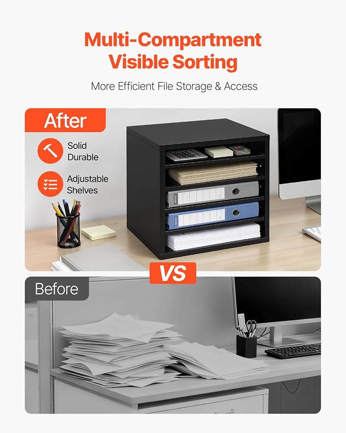 VEVOR Literature Organizer, 5 Compartments Office Mailbox with Adjustable Shelves, Wooden Mailbox Sorter with MDF, Countertop Office Home Classroom Storage Organizer for File, Document, Paper, Black - Image 4