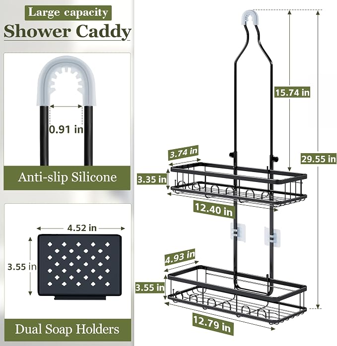 Skyapex Shower Caddy Hanging: Adjustable Height Organizer for Over Showerhead - Black Rustproof Shower Shelves with Hooks & 2 Soap Holders - Image 2