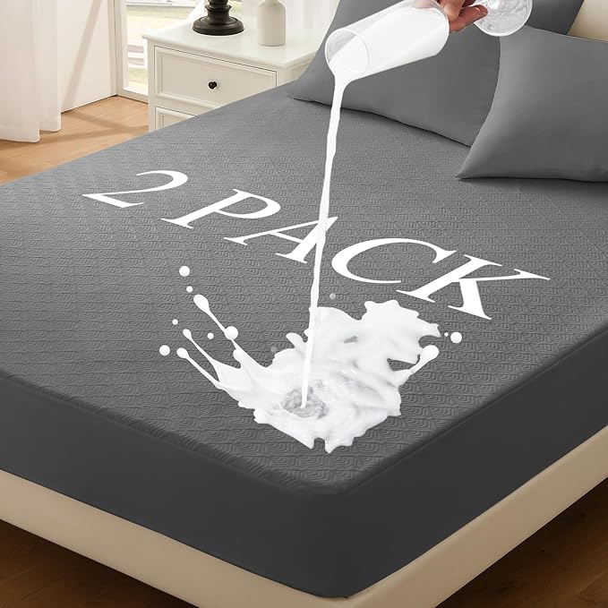 Twin Mattress Protector 2 Pack, Waterproof Mattress Pad Washable Rayon Mattress Cover Breathable Noiseless Bed Protector 3D Patterns 5" - 21'' Elastic Fitted Deep Pocket(Dark Grey)