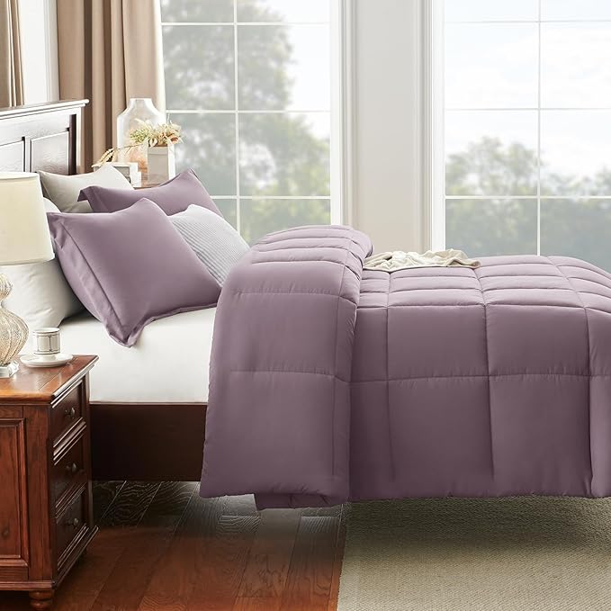 CozyLux King Size Comforter Set - Dusty Purple Comforter King Size, 3 Pieces Box Stitched Bed Set for All Seasons, Soft Lightweight Bedding Sets with 1 Down Alternative Comforter and 2 Pillow Shams