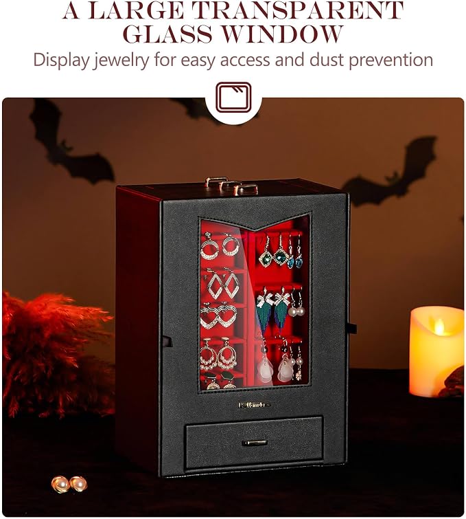 Homde Jewelry Organizer with Transparent Window Necklace Hooks Gift for Women Jewelry Box Display Case for Necklaces Rings Earrings Bracelets and Other Jewelry Accessories (Black + Red +Gold) - Image 2