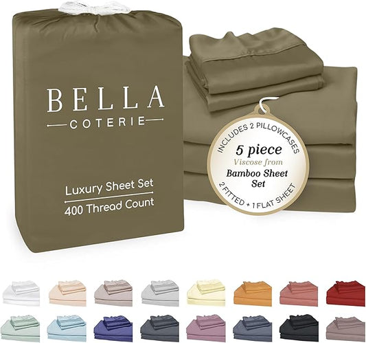 Bella Coterie Luxury Bamboo Viscose Split King Size Sheet Set | 2 Fitted Sheets for Sleep Number & Adjustable Beds | 100% Organically Grown | Cooling & Ultra Soft | 18” Deep Pocket [Olive]