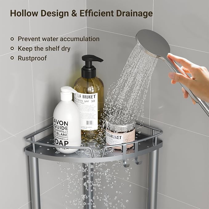 ELYKEN Corner Shower Caddy Standing, 4 Tier Rustproof Metal Shower Organizer with Soap Holder, Floor Shower Corner Shelf Rack Storage Stands with Adjustable Feet & 2 Hooks for Bathroom, Silver - Image 3