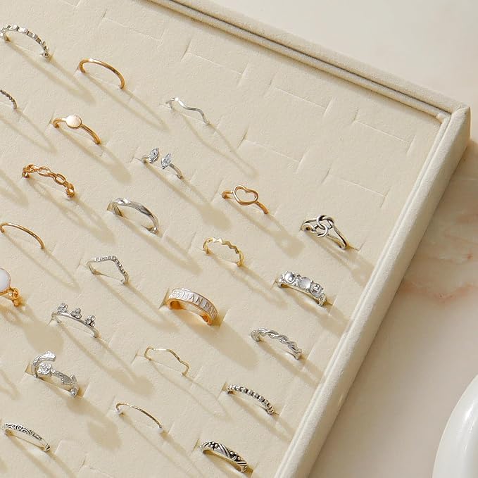 Large Velvet Jewelry Tray 2 Pack Stackable Jewelry Display Drawer Inserts Trays Organizer for Earring Bracelet Necklace Ring (Beige, Ring 81 Slots) - Image 5