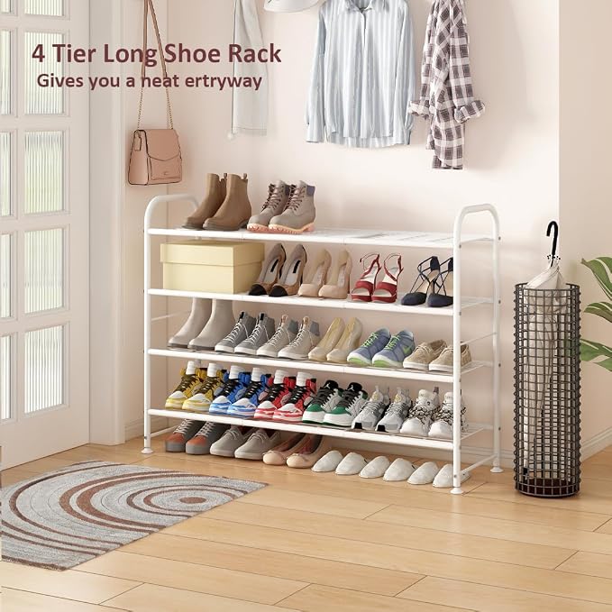 LINZINAR Shoe Rack Long 4 Tier Shoe Storage Organizer Metal Wide Shoe Shelf for Closet Entryway Bedroom 30 Paris Large Capacity, White - Image 4