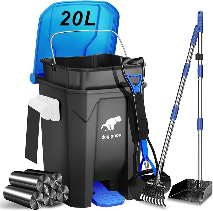 Dog Poop Trash Can Outside with Pooper Scooper and Metal Rake & Tray, 20L/5Gal Dog Waste Trash Can with Lid, Pedal and Removable Inner Waste Bin, Pet Poop Bin with 100 Bags, Blue by UPPCASIR