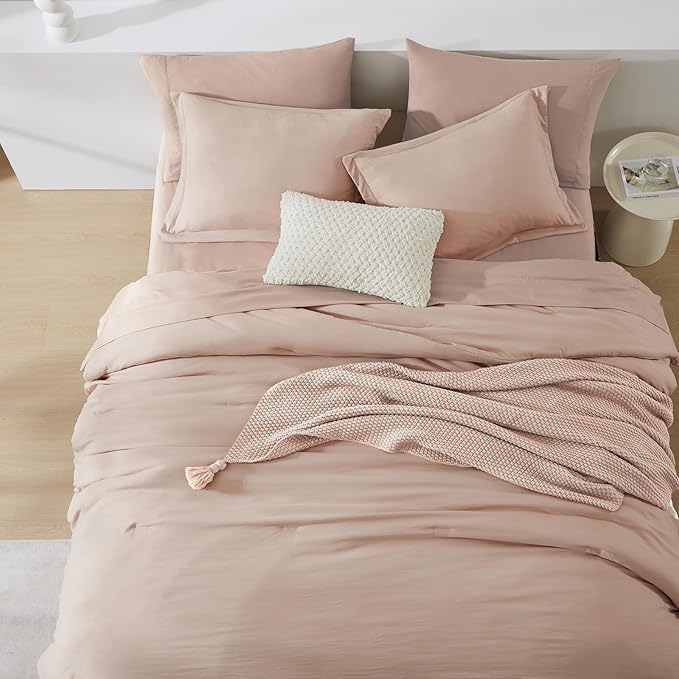 WRENSONGE Full Size Comforter Set- 7 Pieces Clay Pink Bed in a Bag Full Size Comforter with Fitted Sheet, Flat Sheet, 2 Pillow Shams, 2 Pillowcases, Warm Bedding Sets for All Season