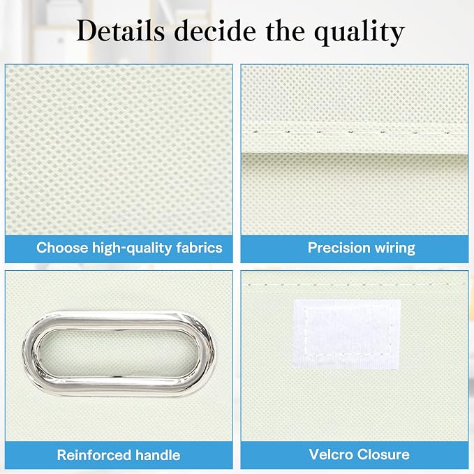 STOREONE Fabric Storage Cube Bins Foldable Organizer Container Collapsible Basket with Lids and Metal Handles, for Home, Bedroom, Closet 3 Pcs (Creamy-White) - Image 7