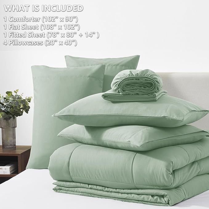 CozyLux King Size Comforter Set Sage Green, 7 Pieces Bed in a Bag, Green Comforter King Size, All Season Bedding Sets with Stitch Quilted Comforter, Flat Sheet, Fitted Sheet, Pillowcases