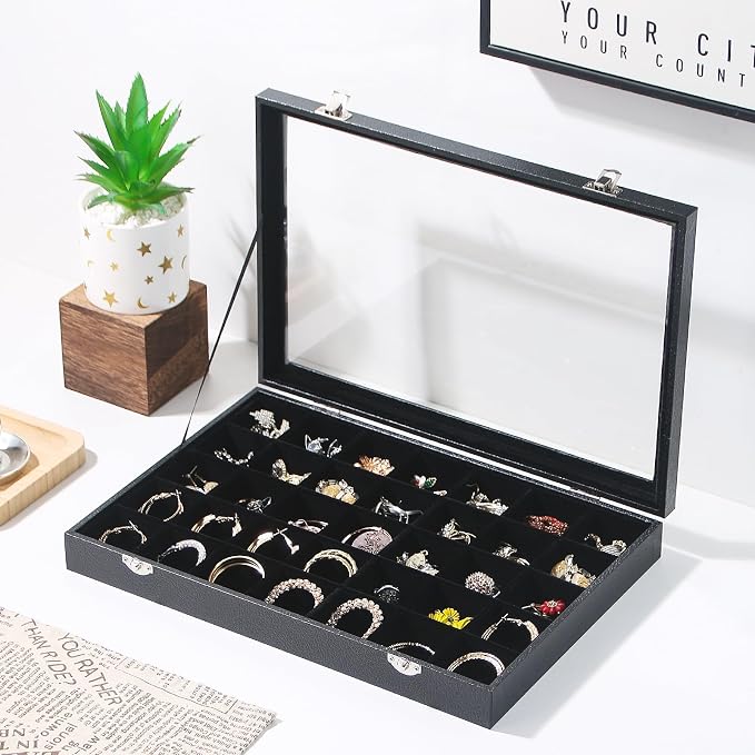 Coward Ring Earring Jewelry Organizer Box, 35 Grids Dustproof Display Holder Case, Black Velvet Jewelry Bead Display Tray Case with Transparent Glass Lid for Momen Girls - Image 5
