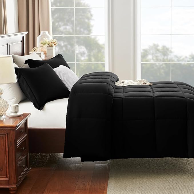 CozyLux California King Comforter Set Black - 3 Pieces Cal King Box Stitched Quilted Bedding Sets, Soft Breathable Bed Sets for All Seasons with 1 Down Alternative Comforter and 2 Pillow Shams