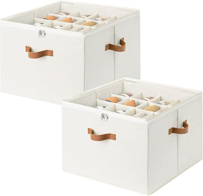 StorageWorks 2 Pack Shoe Organizer for Closet, Foldable Shoe Storage Box with Adjustable Dividers, Fabric Shoes Container, Stackable Storage Bins for Boots, Sneakers, Fits up to 16-32 Pairs, Beige by StorageWorks
