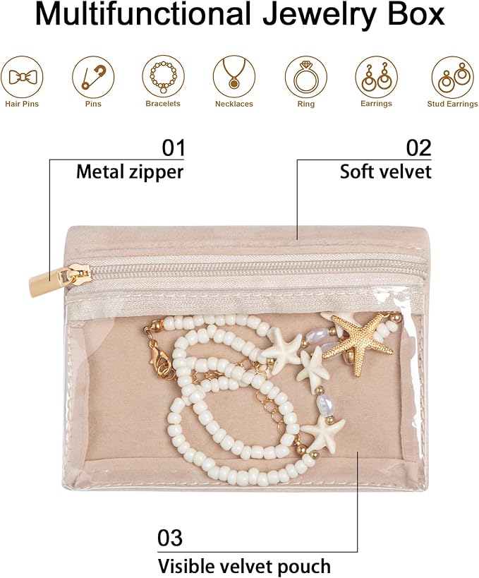 Frebeauty Travel Jewelry Organizer, 6 Pcs Velvet Jewelry Pouch Bag with Zipper Pocket, Visualization Design for Rings, Earrings, Necklace - Image 3