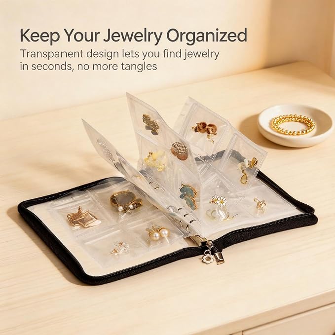Earring Organizer Case Travel Jewelry Organizer Transparent Jewelry Storage Book for Necklace Bracelet Ring Holder with Small Clear Zippered Pouch - Image 2