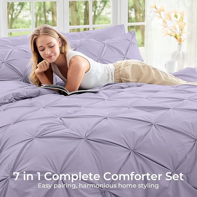 Sasttie Queen Comforter Set, 7-Piece Bed in a Bag, Pintuck Bedding Sets for All Season, Includes Comforter, Flat Sheet, Fitted Sheet, Pillowcases and Pillowshams, Lavender