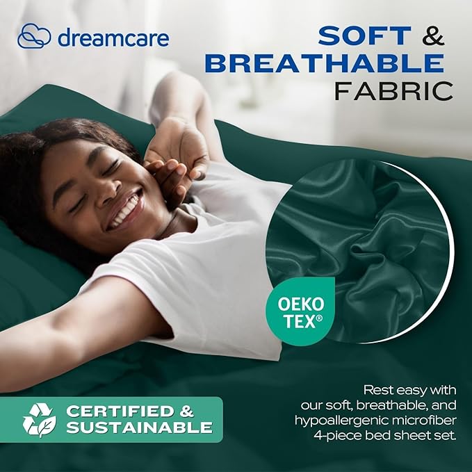 DREAMCARE Twin XL Sheet Sets - 4 pcs Breathable Cooling Bed Sheets - up to 15" Deep Pocket Twin XL Sheets Set with Side Pockets -Extra Soft 100% Brushed Hypoallergenic Hotel Luxury Bedding Emrld Green