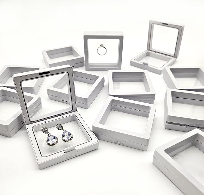 12PCS 3D Floating Frame Display Stand, Jewelry Box, Gift Box, Ornament Organizer, Small Travel Jewelry Box, PE Film Anti-Oxidation, Suspended Display Box Stackable (White, 2.75 * 2.75) - Image 3