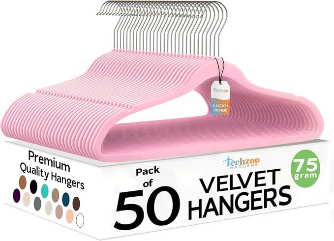 Techzoo Premium Velvet Hangers 50 Pack Ultra Thin Non Slip Adult Felt Space Saving Suit Hanger for Closet Heavy Duty Coat Pants Jackets Dress Hangers 360° Swivel Hook Hold Upto 10 lbs Pink by TECHZOO
