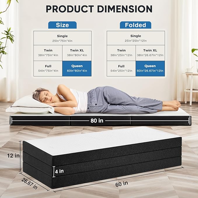 Folding Memory Foam Mattress, 4" Tri-Fold Queen Mattress Topper with Washable Cover, Non-Slip Portable Guest Floor Bed for Travel Camping