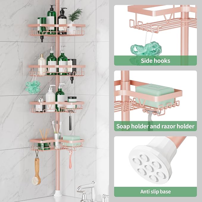 DAOYA Corner Shower Caddy Tension Pole - 4‑Tier Adjustable Shower Shelf Organizer Space‑Saving Bathroom Storage for Bathtub or Floor, Apricot - Image 4