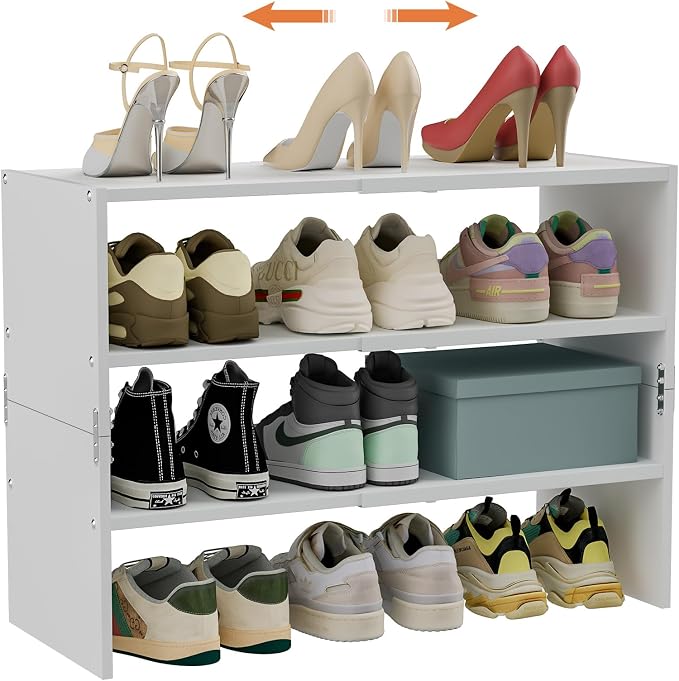 White Shoe Rack Organizer for Closet, 3-Tier Expandable Shoe Shelf, Stackable Iron Wood Combination Shoe Racks Shelves for Closets, Entryway,Small Space,Hallway,Garage,Holds 8-16 Pairs of Shoes by Cidaziya
