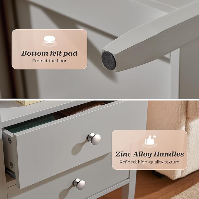 Huuger Grey Nightstand Set of 2, Night Stand with Charger Station, Bedside Table with 2 Drawers, Bed Side Tables for Bedroom, Modern Nightstands, Metal Knobs, Painted Surface