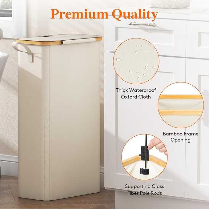 Lifewit 65L Slim Laundry Hamper with Lid, Narrow Laundry Basket with Removable Bag & Bamboo Handles, Fodable Thin Dirty Clothes Hamper for Laundry Collapsible Bin for Bathroom Bedroom Dorm, White - Image 7