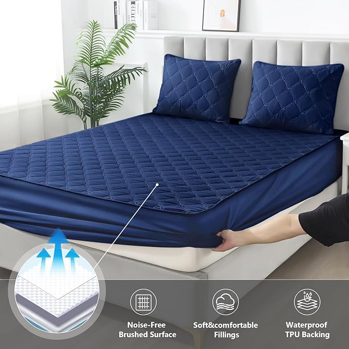 Waterproof Mattress Protector - Queen Size Mattress Pad Silent & Fitted Sheet Style | Full Bed Protection for Kids, Pets, Adults | Hypoallergenic, Machine Washable (Blue, Queen)
