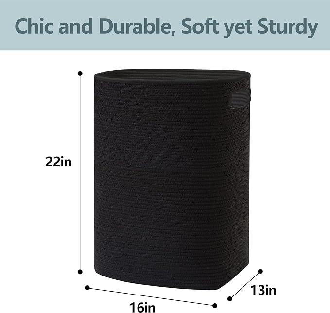 MEGASKET Large Laundry Hamper 16"x13"x22" - Tall Woven Laundry Basket, Cotton Rope Dirty Clothes Hamper, Baby Kids Nursery Wicker Laundry Basket, Bedroom Aesthetic, Soft Laundry Bin, Black Hamper, 75L - Image 3