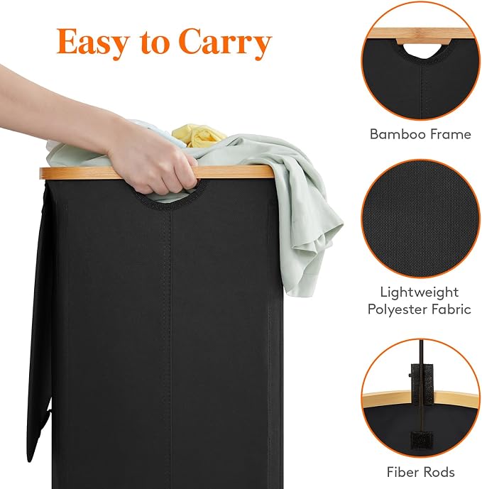Lifewit 150L Double Laundry Hamper with Lid, Large Laundry Basket with Removable Bag & Bamboo Handles, Fodable Tall Dirty Clothes Hamper for Laundry Collapsible Bin for Bathroom Bedroom Dorm, Black - Image 3