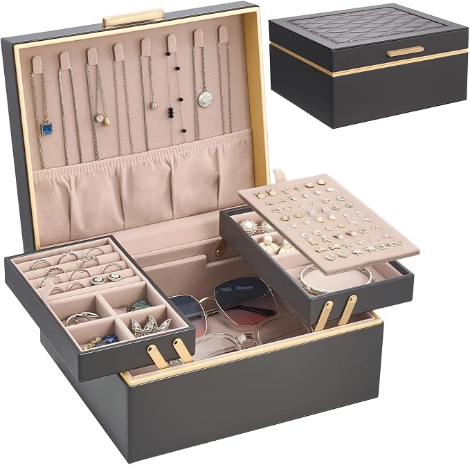 Lolalet Jewelry Box Organizer for Women Girls, 2 Layer Jewelry Organizers and Storage for Necklace Earrings Rings Bracelets, Large Jewellery Holder Case Birthday Valentine Gifts -Charcoal gray by Lolalet