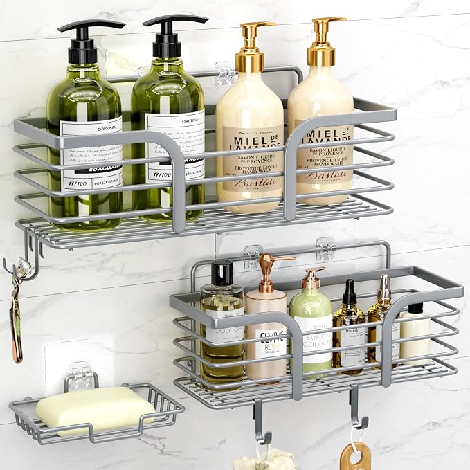 Yougai Shower Caddy, Shower Organizer with Soap Holder and Hooks, Rustproof Shower Shelves, No Drilling Bathroom Organizers and Storage, Wall-Mounted Kitchen & Home Decor, Light Grey by Yougai