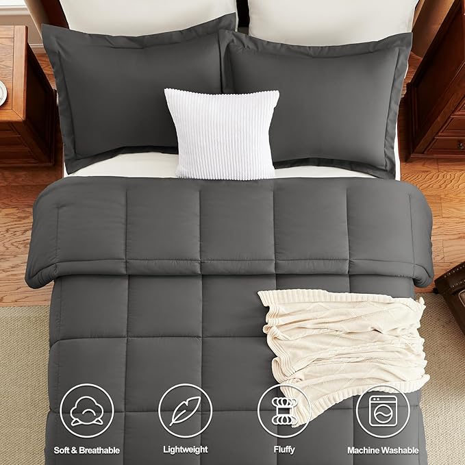 CozyLux King Size Comforter Set - Dark Grey Comforter King Size, 3 Pieces Box Stitched Bed Set for All Seasons, Soft Lightweight Bedding Sets with 1 Down Alternative Comforter and 2 Pillow Shams
