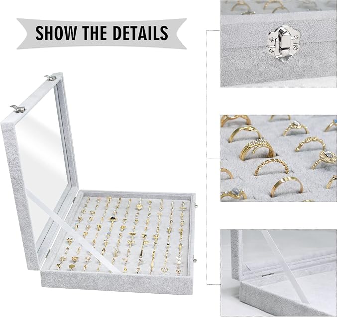 Siveit Ring Display Case Organizer Box with Transparent Lid 100 Slot Holder Showcase For Store Display Jewelry Show Home Organizer For Jewelry Rings Studs Earrings (Grey) - Image 4