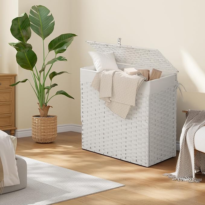 Greenstell Laundry Hamper with Lid, 125L Wicker Laundry Baskets with 2 Removable Liner Bags & 5 Mesh Laundry Bags, Handwoven Rattan Clothes Hamper with Handles for Clothes in Bathroom, Bedroom - Image 2