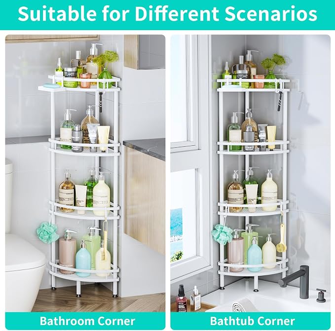 HapiRm Standing Corner Shower Caddy - 4 Tier Shower Organizer Corner with Soap Holder and 4 Hooks, Rustproof Bathroom Storage Shelves with Adhesives, White - Image 5