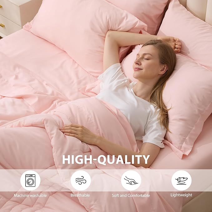 Twin Comforter Set Pink - Bed in a Bag Twin Size 5 Pieces, Soft Bedding Set for All Seasons, Premium College Dorm Comforter Set with Comforter, 1 Sheet, 1 Pillowcase & 1 Sham