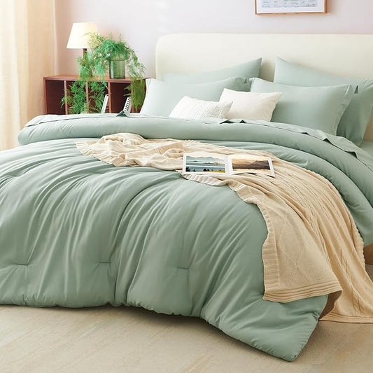 CozyLux California King Comforter Set Sage Green, 7 Pieces Cal King Bed in a Bag Bed Comforter Set with Sheets, Luxury Soft Bedding Sets with Down Alternative Comforter, Sheets, Pillowcases & Shams