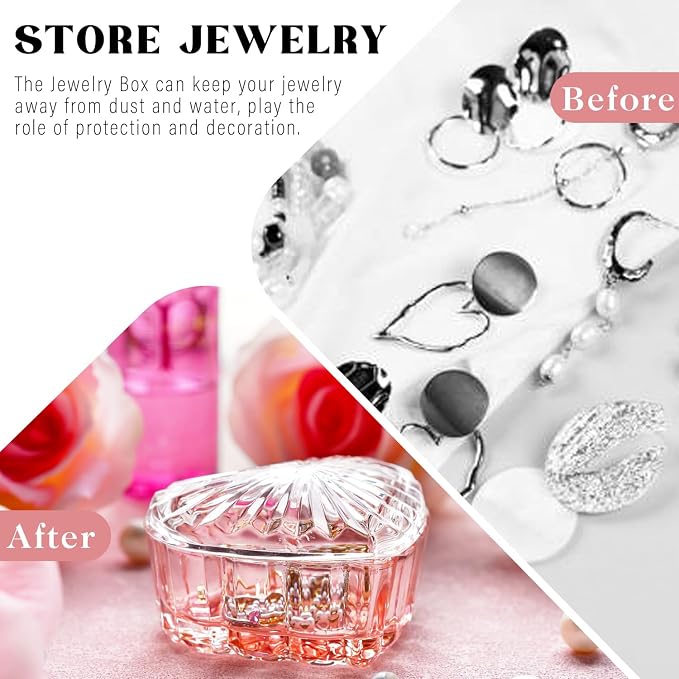 kanpura Glass Heart Shaped Jewelry Box Candy Dish with Lid Ring Earring Trinket Storage Box Vintage Jewelry Organizer Decorative Jar Christmas Gift for Women Girls(Pink) - Image 3
