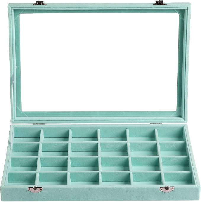 Frebeauty Velvet Jewelry Tray,35 Grid Jewelry Organizer with Clear Lid,Earring Holder Organizer Case with Clasp,Drawer Insert for Rings Studs,13.8 x 9.5 x 2 Inches,Gift for Women Girls(Turquoise) - Image 2