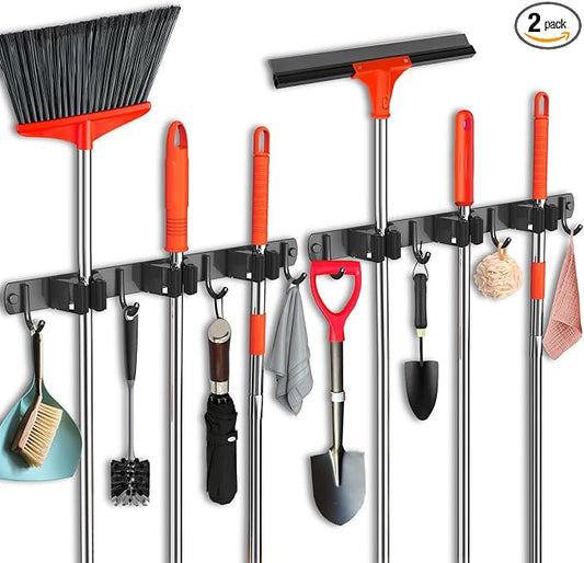 2 Pack Mop and Broom Holder Wall Mount, Upgraded Broom Hanger Wall Mount, Stainless Steel Broom Organizer for Closet Garage Laundry Room Kitchen Wall Decor Black 3R4H by FODARSAI