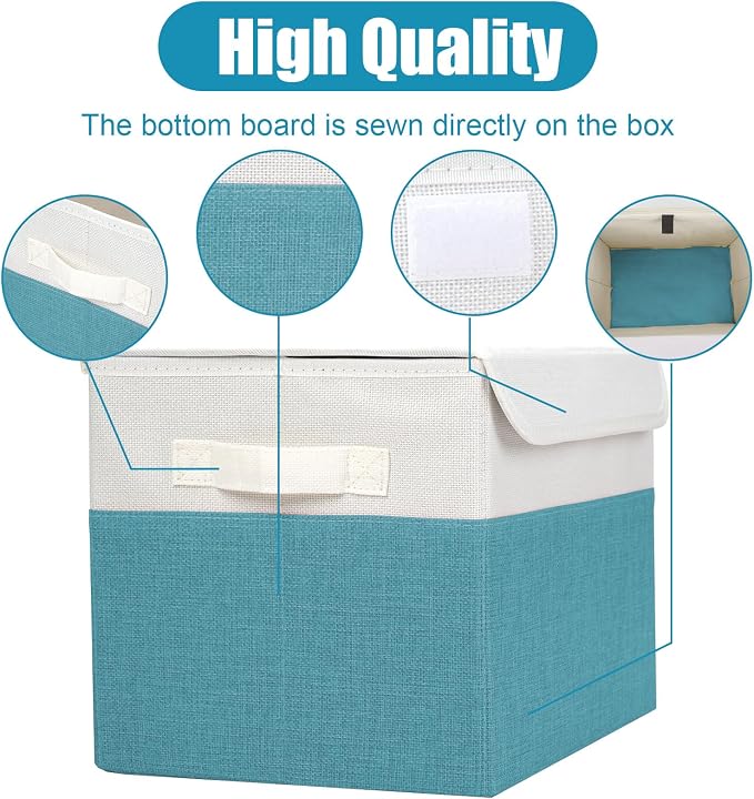Bagnizer Large 22 Quart Linen Fabric Foldable Storage Bin Cube Organizer Basket with Flip-Top Lid & Handles, Clothes Blanket Box for Home, Office, Closet, Teal & White, 4 Pack 14.6 x 9.5 x 9.5 - Image 5